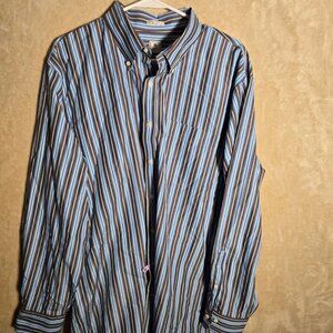 Peter Millar Shirt Mens XL Long Sleeve Cotton Button Down Stripes Blue Brn 349